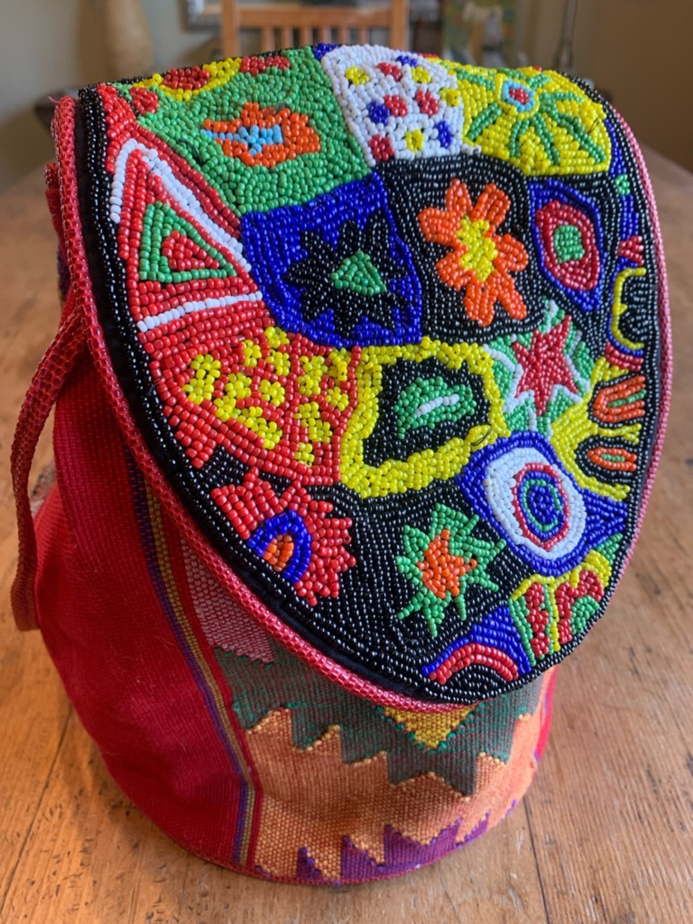 Multicolor Beaded Red Canvas Backpack - Women's Fashion